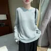 Suéter casual de punto acanalado 100% lana con cuello redondo para mujer, camiseta base de punto holgada y cálida para otoño e invierno, suave y estiliza