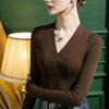 Camiseta básica de punto con cuello en V para mujer, corte ajustado, otoño 2022, nuevo estilo occidental, color sólido, interior, camiseta de manga larga, top de primavera y otoño