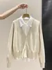 Cardigã de Tricô Estilo Coreano 2026 Novo Look da Moda Camisa Falsa de Duas Peças Design Patchwork Suéter A14642