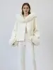Nova Coleção Outono/Inverno 2026: Cardigan de Lã Dupla Face com Capuz, Tricô Falso Pelo Patchwork, Modelagem Solta, Casaco Suéter de Luxo para Mulheres