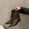 Botas de tacón grueso punta fina acampanadas estilo callejero botines para mujer primavera otoño 2026 nuevo estilo invierno con forro polar botas vaqueras western marrones