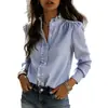 Camisa de trabalho de estilo europeu e americano com gola alta franzida, corte solto, camisa casual listrada com gola franzida, versátil, corte justo para o dia a dia
