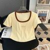 Camiseta de manga corta con cuello cuadrado para mujer, estilo Spice Girls, de verano, ajustada, adelgazante, con cuello de espiga, de algodón puro con hombros descubiertos.