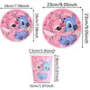 Decoración de fiesta de cumpleaños temática de Stitch de dibujos animados para niños en color rosa: platos de papel de seda, pancartas, manteles y suministros