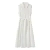 B0MF-9020 Vestido Camisero sin Mangas con Cuello 2026 Verano Nuevo Elegante para el Trabajo Ceñido a la Cintura Adelgazante con Lazo en la Cintura Vestido de Longitud Media