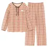 Pijama de mujer para primavera y otoño, ajustado, algodón puro, manga larga, pantalón largo, cuello redondo, estilo pullover, dulce y lindo, adecuado para usar como ropa de estar en casa