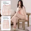 Pijama Nuevo para Mujer Algodón Puro con Sujetador Incorporado Manga Larga Pantalón Largo Para Primavera y Otoño Todo Algodón Cómodo Ropa de Casa Conjunto de Color Sólido