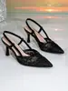Sandalias de tacón de aguja sin espalda, punta fina, color negro, con tira en T y hebilla, punta cerrada, tacones altos sexys estilo francés al por mayor