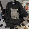 Camiseta de Manga Corta con Estampado Divertido de Gato, Diseño de Nicho, Estilo Casual Perezoso para Mujer, Nuevo Top Verano 2025 Ins