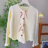 Novo Casaco de Outono e Inverno Feminino Elegante Fofo Estilo Doce Coreano Malha Macia Waxy Fivela de Coração Manga Longa
