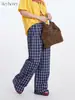 Pantalones Casuales Rectos de Encaje a Cuadros Primavera/Verano Heyhenry para Mujer, Holgados, Relajados, Versátiles, Cintura Elástica