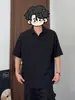 Camisa preta fina de manga curta, camisa drapeada de alta qualidade para primavera, jaqueta camisa versátil masculina casual de corte solto