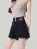 Shorts Jeans Pretos para Mulheres, Novo Estilo Verão 2026, Aumenta Altura para Baixinhas, Barra Desfiada, Calças Três Quartos Modernas e Versáteis