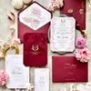 Juego de invitaciones de boda de terciopelo burdeos repujado, estampado dorado de peonía rosa, invitación de boda de alta gama