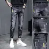 Calça Jeans Rasgada Stretch Masculina, Estilo Fino de Verão, Nova 2025 Slim Fit, Calça Comprida Casual Tendência Masculina