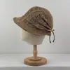 Sombrero de Pescador Hueco Tejido de Moda Versátil Estilo Coreano para Mujer, Sombrero de Sol para Exteriores con Cuerda de Mariposa Lisa, Sombrero de Playa