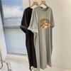 Vestido Camiseta de Algodón para Mujer Verano Nuevo Largo Medio Estilo Coreano Suelto Manga Corta Vestido Largo Simple Moda Vestido Estampado