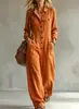 Macacão de Trabalho em Sarja de Algodão e Linho Estilo Europeu e Americano para Mulheres, com Gola Reversível, Bolsos com Botões e Calça de Perna Larga, Roupas Femininas para Comércio Exterior Transfronteiriço
