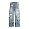 Jeans Cargo Bordados de Cachorro Estilo Retro Americano para Mujer 2025 Sueltos Rectos Plisados Desgastados Pierna Ancha