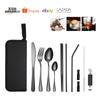 Conjunto de Talheres de Aço Inoxidável para Exterior Amazon - Faca, Garfo, Colher, Hashi e Canudo - Portátil para Acampamento ao Ar Livre, Churrasco, Festa