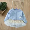 Conjunto para Niña Estilo Coreano Dulce Bebé Cardigan Tejido con Flores Huecas Falda de Malla con Relieve Conjunto Dulce de Dos Piezas