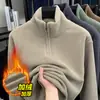 Jaqueta Suéter Masculina de Inverno 500g Veludo Ollie Dupla Face Gola Alta Forrada com Fleece Meio Zíper Cor Lisa Espessada Versátil e Quente