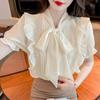 Gong Yu Weng Jin talla extra Volantes Lazo Mangas de Cuerno Camisa de Gasa chica rellenita Cubre Vientre Grande Manga Corta Top Pequeño