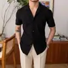 Camisa de manga corta con cuello cubano y waffles de seda helada para hombre, estilo yuppie británico, camisa de verano de media manga para hombre, estilo informal de negocios fino