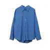 [Ou Fan] Camisa Feminina Azul Coreana com Bordado de Letras na Gola e Mangas Longas, Top Liso Soltinho 11199