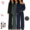 Comércio Transfronteiriço Estilo Europeu e Americano Blusa Ombro a Ombro de Manga Longa com Calça de Cintura Alta Wide Leg Suit Casual Sexy para Mulheres
