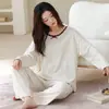 Algodón Lycra Pijama para Mujer Primavera y Otoño Manga Larga Pantalón Largo 2026 Nuevo Simple Holgado Se Puede Usar Fuera de Casa Ropa