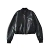 Chaqueta de béisbol para mujer de piel sintética con cuello alto acanalado, bolsillos con cremallera, mangas de cuerno y corte holgado y corto