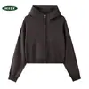 Moletom feminino curto com capuz, gola semi-alta e zíper, feito de fleece pesado de 400g, top da moda outono e inverno, pode ser estampado