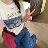 Nuevo Top Pulóver Único de Nicho Estilo Coreano Ajustado con Cuello Redondo, Estampado de Personaje Femenino y Letras, Camiseta de Manga Corta