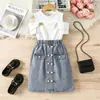 Conjunto de verano para niñas con nuevo lazo, camiseta sin hombros, falda body ajustada de doble botonadura, elegante y a la moda, al por mayor para bebés