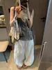 Blusa Mochie Estilo Menina Gentil Mistura de Linho Multicamadas Irregular Babado Fita Sem Mangas Mq1521