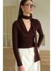 Estilo Elegante Europeu e Americano para o Dia a Dia com Lenço de Fita, Design de Manga Longa, Blusa Top Feminina Plissada Curta para Primavera e Outono