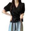 Camisa de Verano Elegante para Mujer Tallas Grandes, Escote en V, Mangas Abullonadas, Jacquard Satinado, Manga Corta, Estilo Ligero