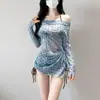 Maiô com Bolinhas, Conjunto de Biquíni Três Peças Tomara que Caia, Estilo Resort Emagrecedor Chiffon Férias em Fontes Termais Maiô Sexy Duas Peças