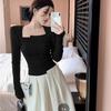Camiseta básica universal con hombros descubiertos para mujer, de algodón puro, para primavera y otoño, con cuello cuadrado y nicho, estilo americano, estilo vintage con espiga de pescado.