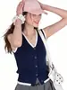 Colete Tricotado Francês Gola V Botões Sem Mangas Verão Camada Interna Roupa Externa Único Lindo Curto Pequeno Top