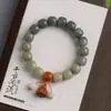 Pulsera de Cuentas Bodhi Natural con Degradado Verde, Colgante de Madera de Durazno Estilo Chino con Loto y Cuentas Cilíndricas, Cuentas Budistas de Oración de Círculo Único al por Mayor