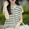 2026 Verano Nuevo Algodón Puro Cuello Polo Camisa de Punto Manga Corta para Mujer Bloque de Color Rayas Casual Versátil Top Camisa Base