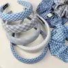 Elástico de Cabelo Listrado Azul Xadrez Estilo Coreano, Faixa de Cabelo Xadrez para Mulheres, Faixa Doce para o Início da Primavera, Acessório de Cabelo Esponjoso de Cano Alto