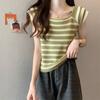 Feifei Manga Manga Corta Seda de Hielo Rayada Tejida Camiseta para Mujer Sentido del Diseño Verano Estilo Francés Chic Hermosa Blusa Alto Sentido