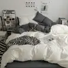 Juego de Cuatro Piezas de Algodón Puro Lavado Estilo Sueño Nude, Sábana Bajera y Funda Nórdica Estilo Ins Amigables con la Piel, Juego de Tres Piezas de Sábana Bajera para Cama de Dormitorio Fresco Pequeño
