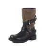 Botas Sazonais Primeiro Encontro para Mulheres 2026 Outono Novas Retrô com Solado Grosso Cor Melange Color-Block Franzidas Salto Bloco Botas de Cano Médio