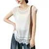 Chaleco sin mangas de estilo coreano para mujer talla grande, cuello redondo, patchwork de encaje, camiseta básica juvenil de color liso