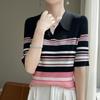 Primavera e verão nova de alta qualidade listrado cor combinando camisola T-shirt das mulheres elegante slim-fit colarinho polo manga curta cool top