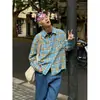 Camisa de cuadros con bloques de color y un solo bolsillo para hombre, manga larga, para primavera y otoño, diseño retro americano, corte holgado, versátil, camisa de tela cepillada